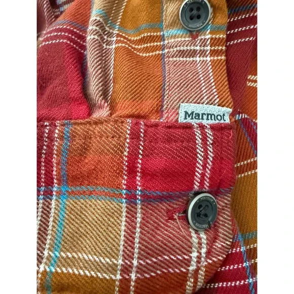 Marmot Mens Plaid Long Sleeve Button Up Shirt Red Orange Blue Size M/M - Picture 4 of 10
